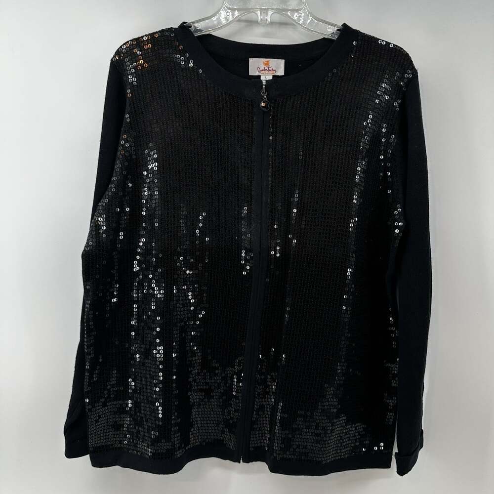 Quacker Factory Womens Jacket Large Black Sequin Full Zip Long Sleeve Holiday
